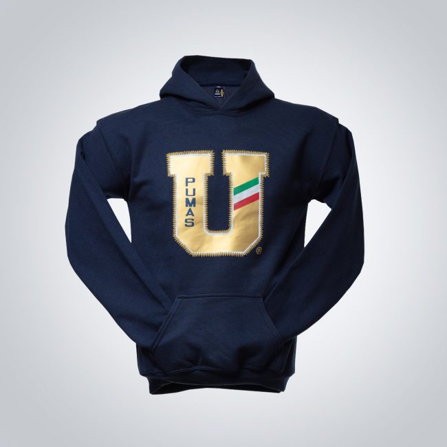 Sudadera con capucha en azul con letra U en dorado
