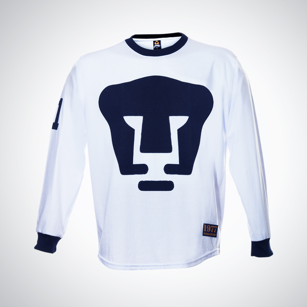 Playera PUMAS RETRO 1977 blanco/azul caballero manga larga