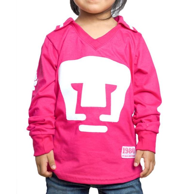 Playera PUMAS RETRO 1980 fucsia/blanco infantil manga larga