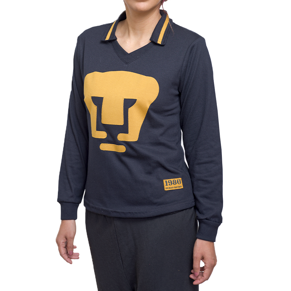 Playera PUMAS RETRO 1980 azul/oro dama manga larga