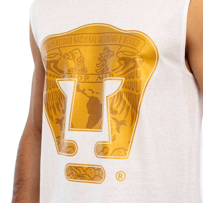 Playera Pumas UNAM Blanco/Oro Sin Manga Basic Silueta Unisex